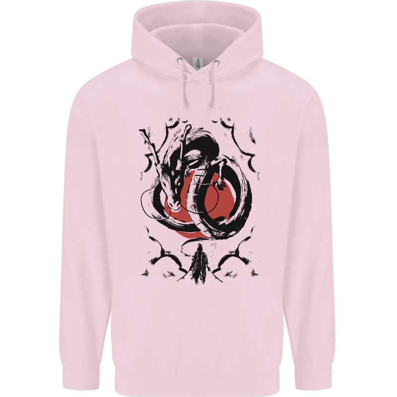 Samurai Warrior Dragon & Sun Fantasy MMA Mens 80% Cotton Hoodie Light Pink