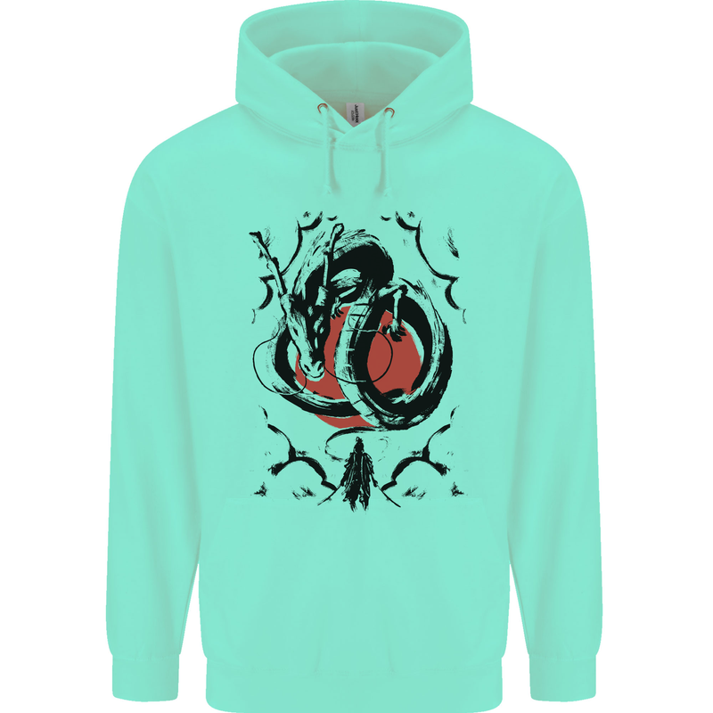 Samurai Warrior Dragon & Sun Fantasy MMA Mens 80% Cotton Hoodie Peppermint