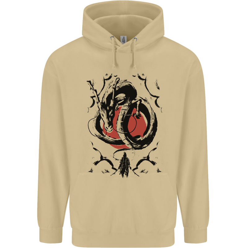 Samurai Warrior Dragon & Sun Fantasy MMA Mens 80% Cotton Hoodie Sand