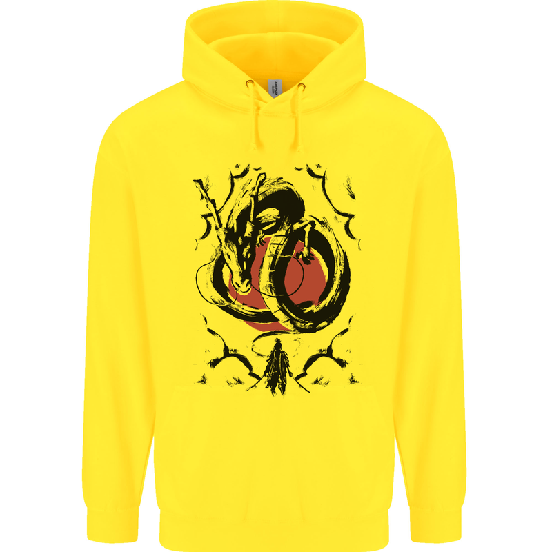 Samurai Warrior Dragon & Sun Fantasy MMA Mens 80% Cotton Hoodie Yellow