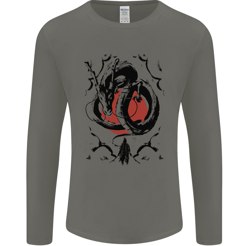 Samurai Warrior Dragon & Sun Fantasy MMA Mens Long Sleeve T-Shirt Charcoal