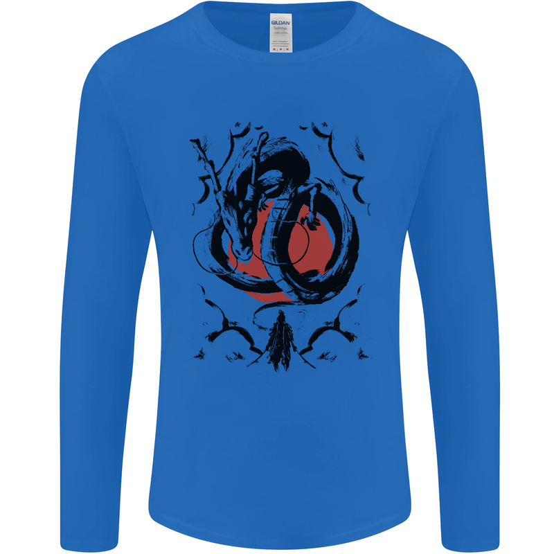 Samurai Warrior Dragon & Sun Fantasy MMA Mens Long Sleeve T-Shirt Royal Blue