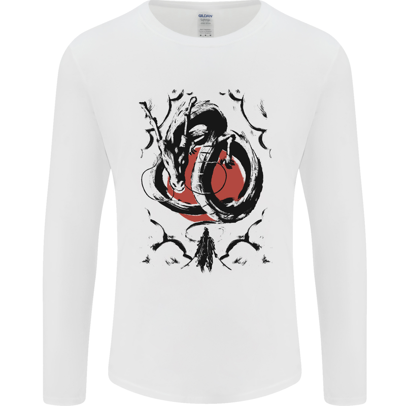 Samurai Warrior Dragon & Sun Fantasy MMA Mens Long Sleeve T-Shirt White
