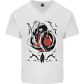 Samurai Warrior Dragon & Sun Fantasy MMA Mens V-Neck Cotton T-Shirt White