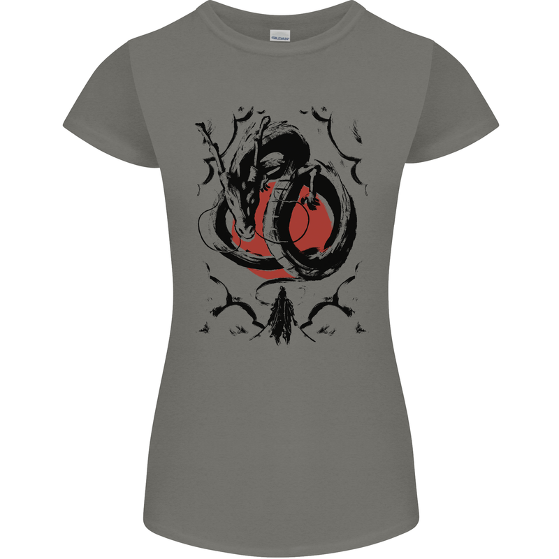 Samurai Warrior Dragon & Sun Fantasy MMA Womens Petite Cut T-Shirt Charcoal