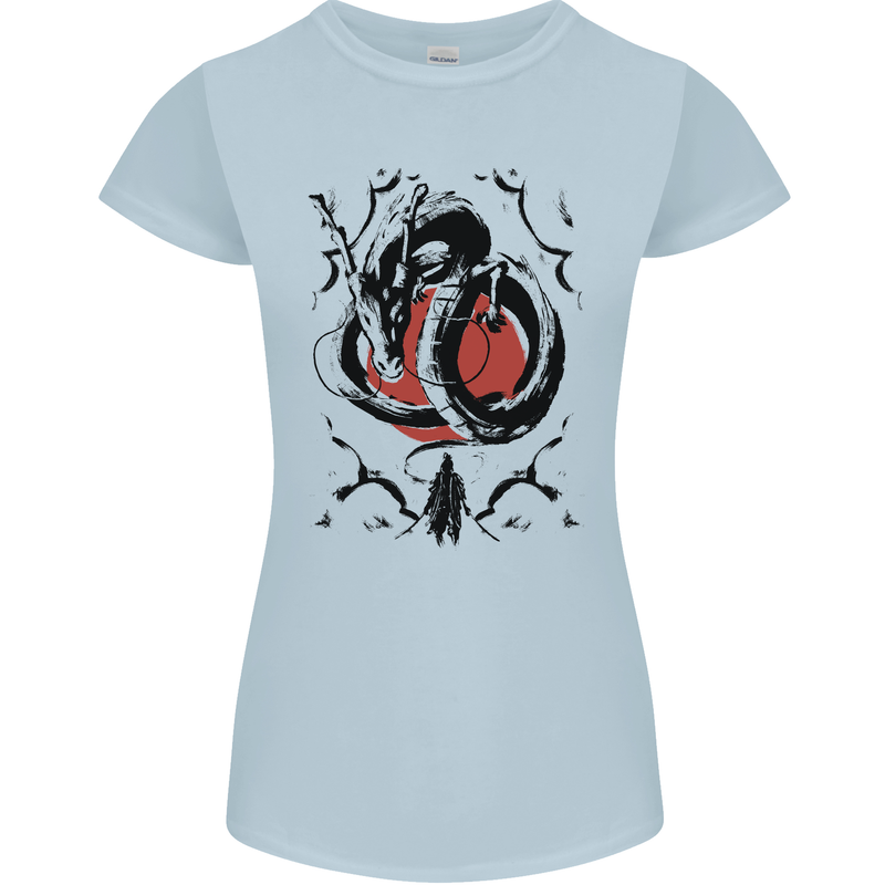 Samurai Warrior Dragon & Sun Fantasy MMA Womens Petite Cut T-Shirt Light Blue