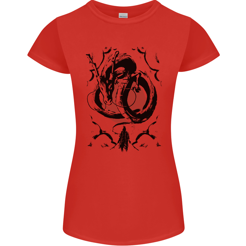 Samurai Warrior Dragon & Sun Fantasy MMA Womens Petite Cut T-Shirt Red