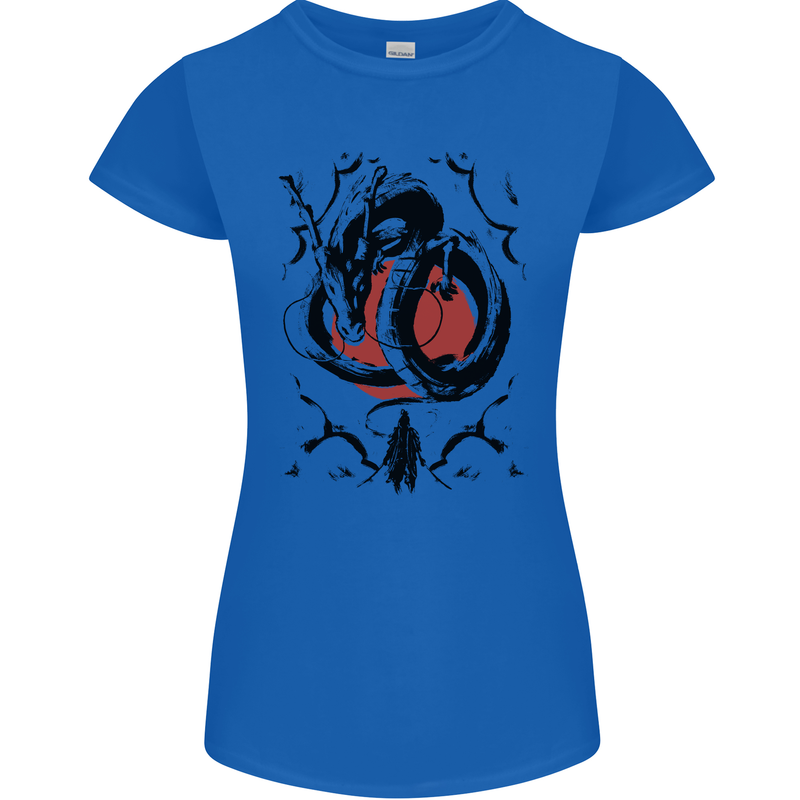 Samurai Warrior Dragon & Sun Fantasy MMA Womens Petite Cut T-Shirt Royal Blue