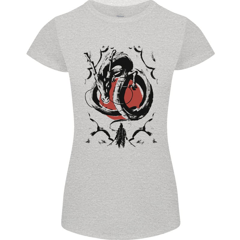 Samurai Warrior Dragon & Sun Fantasy MMA Womens Petite Cut T-Shirt Sports Grey