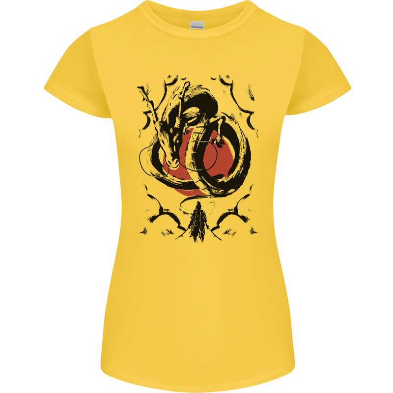 Samurai Warrior Dragon & Sun Fantasy MMA Womens Petite Cut T-Shirt Yellow