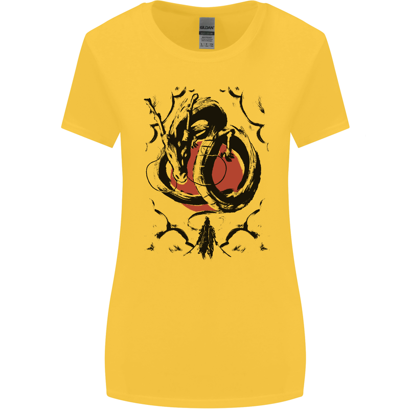 Samurai Warrior Dragon & Sun Fantasy MMA Womens Wider Cut T-Shirt Yellow