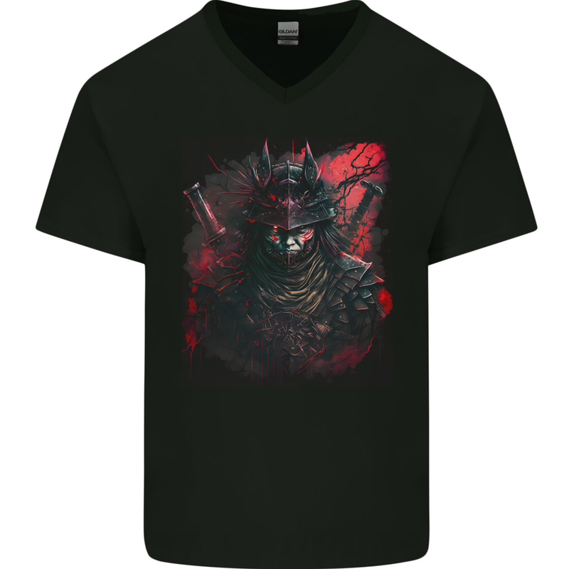 Samurai of Death Japanese Fantasy Warrior Mens V-Neck Cotton T-Shirt Black