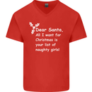 Santa Claus Naughty Girls Funny Christmas Mens V-Neck Cotton T-Shirt Red