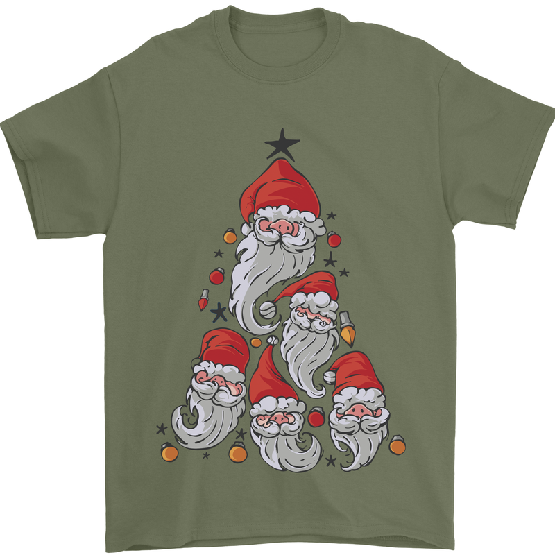 Santa Clause Christmas Tree Mens T-Shirt Cotton Gildan Military Green