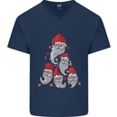 Santa Clause Christmas Tree Mens V-Neck Cotton T-Shirt Navy Blue