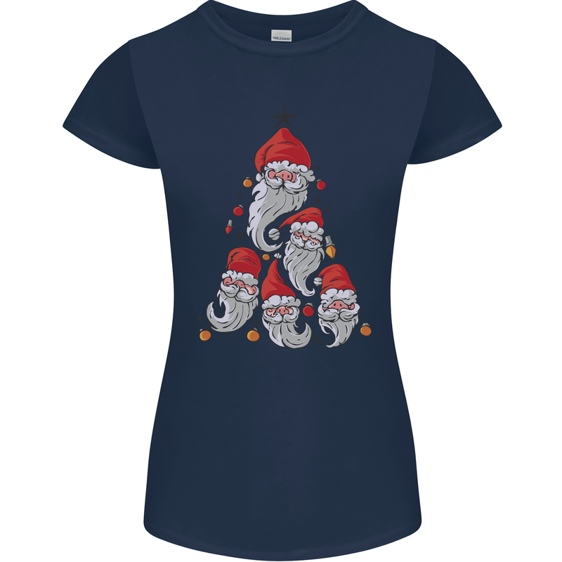 Santa Clause Christmas Tree Womens Petite Cut T-Shirt Navy Blue