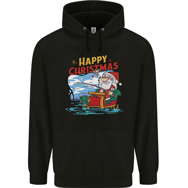 Santa Clause Fishing Funny Christmas Childrens Kids Hoodie Black