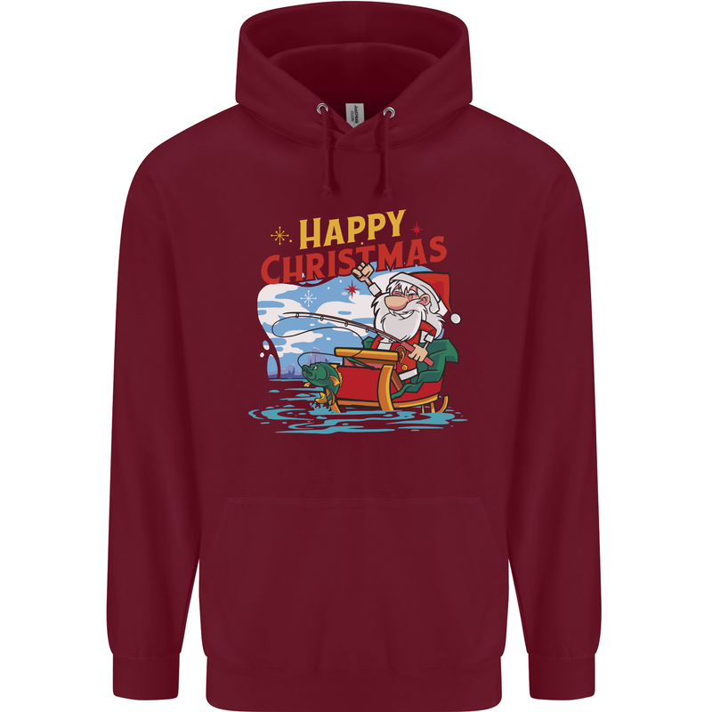 Santa Clause Fishing Funny Christmas Childrens Kids Hoodie Maroon