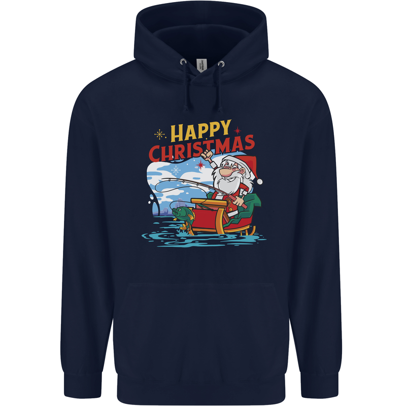 Santa Clause Fishing Funny Christmas Childrens Kids Hoodie Navy Blue