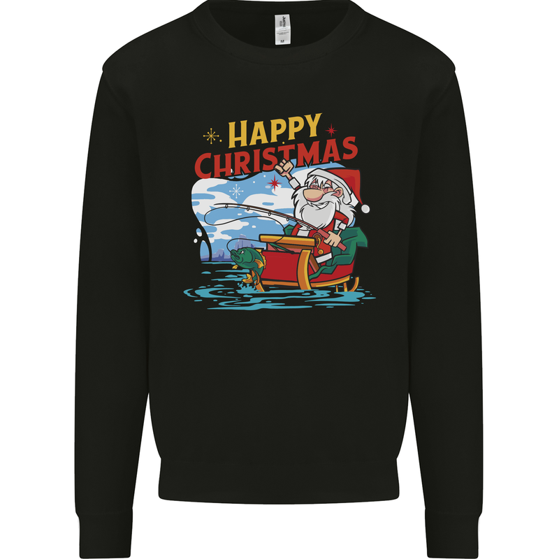 Santa Clause Fishing Funny Christmas Kids Sweatshirt Jumper Black
