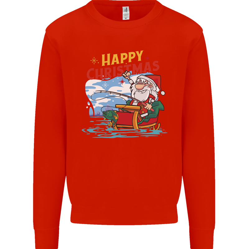 Santa Clause Fishing Funny Christmas Kids Sweatshirt Jumper Bright Red