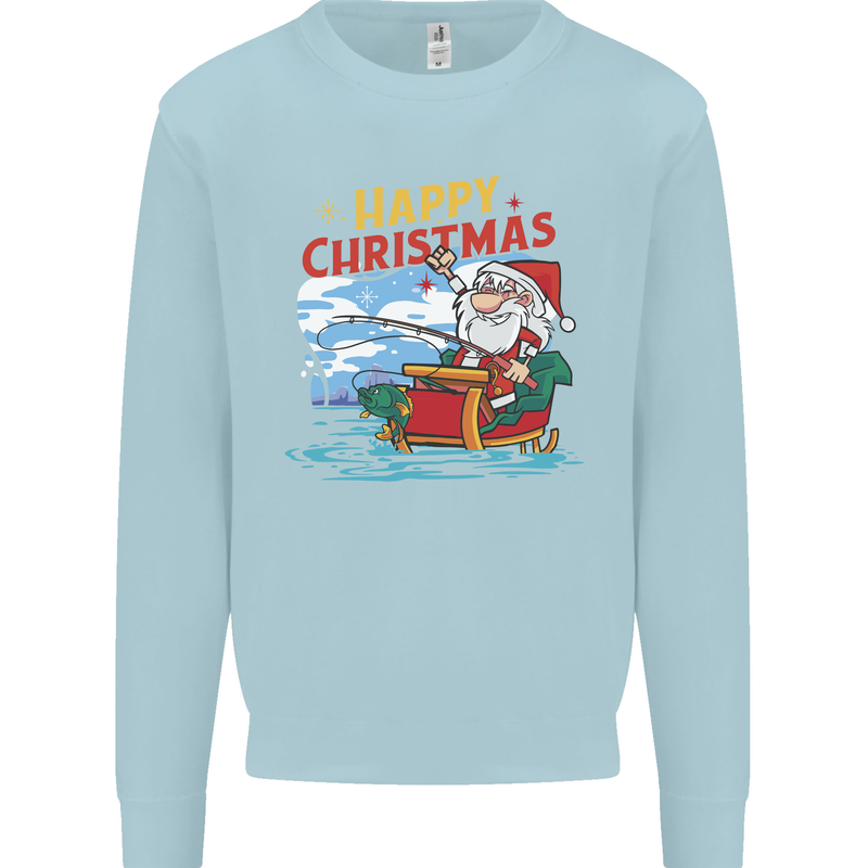 Santa Clause Fishing Funny Christmas Kids Sweatshirt Jumper Light Blue