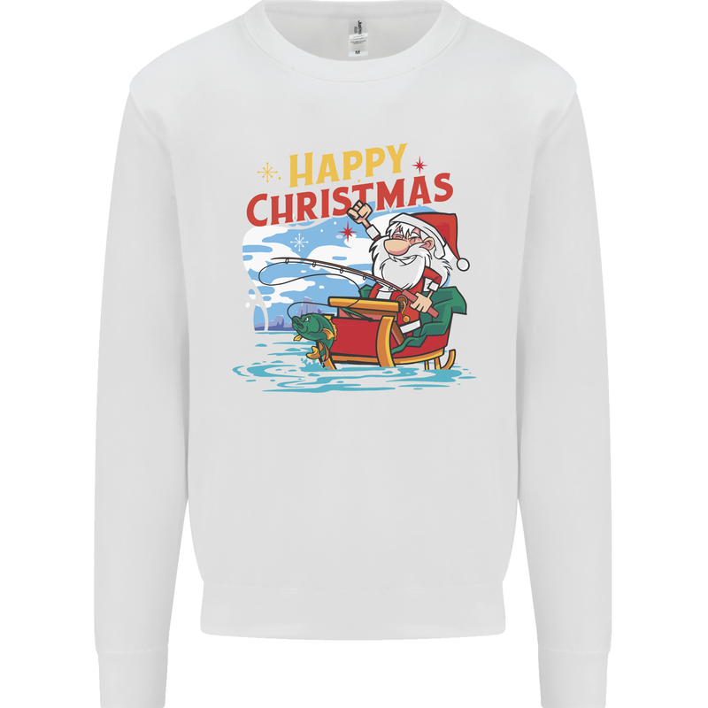 Santa Clause Fishing Funny Christmas Kids Sweatshirt Jumper White