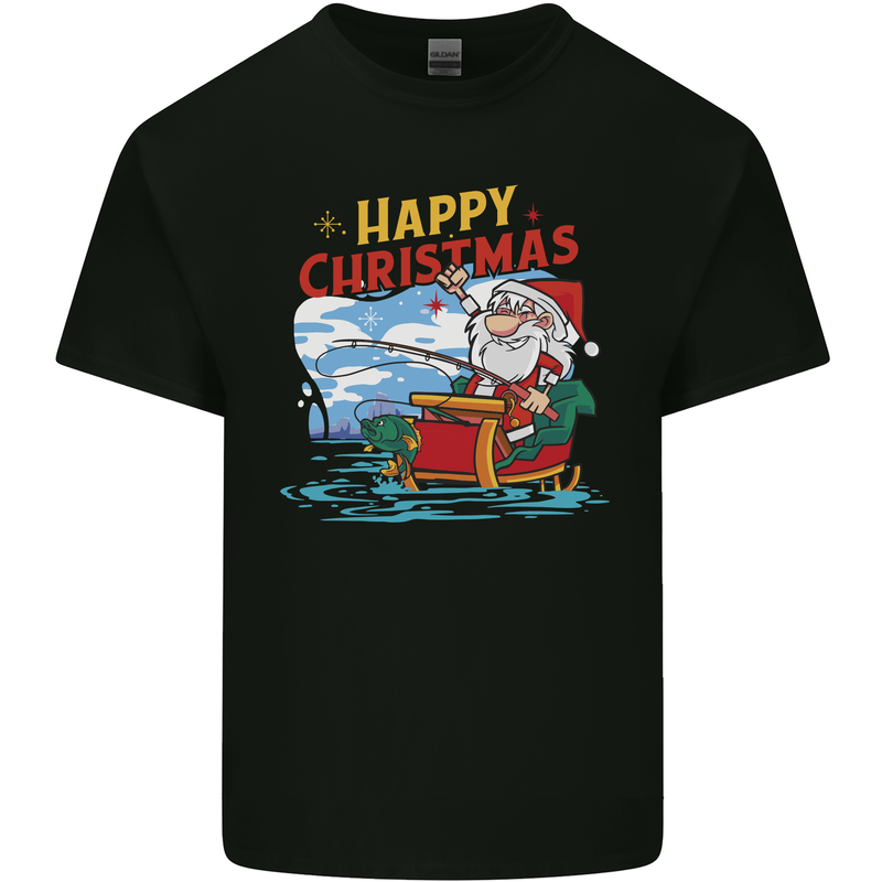 Santa Clause Fishing Funny Christmas Mens Cotton T-Shirt Tee Top Black