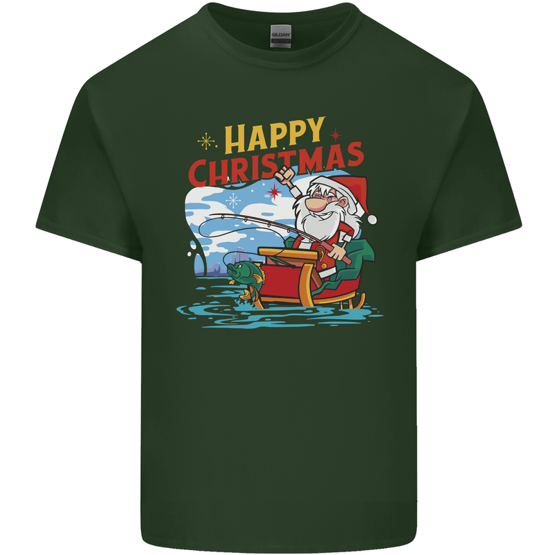 Santa Clause Fishing Funny Christmas Mens Cotton T-Shirt Tee Top Forest Green