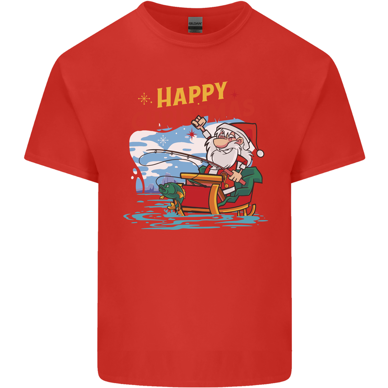 Santa Clause Fishing Funny Christmas Mens Cotton T-Shirt Tee Top Red