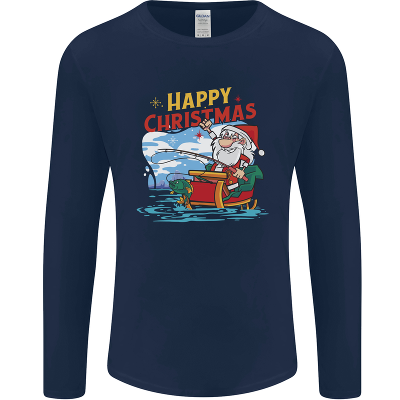 Santa Clause Fishing Funny Christmas Mens Long Sleeve T-Shirt Navy Blue