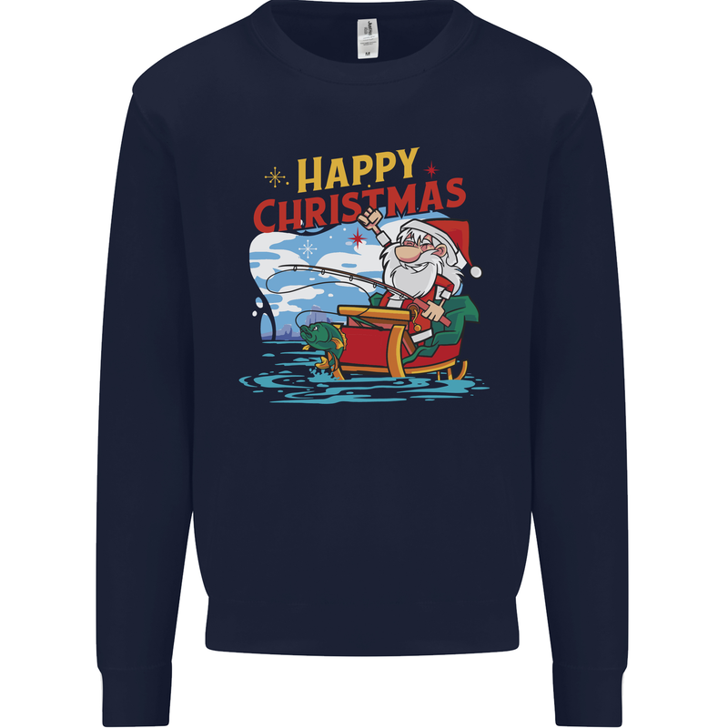 Santa Clause Fishing Funny Christmas Mens Sweatshirt Jumper Navy Blue