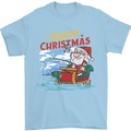 Santa Clause Fishing Funny Christmas Mens T-Shirt 100% Cotton Light Blue
