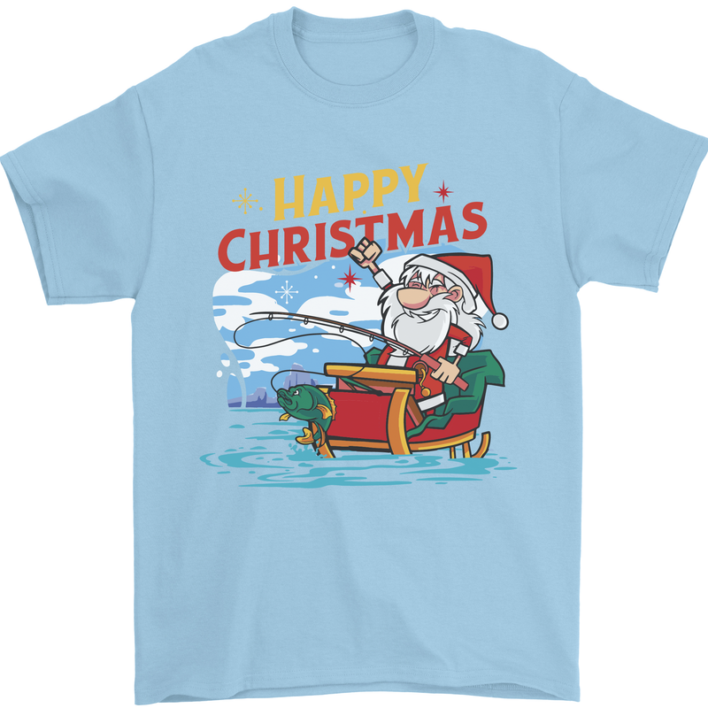 Santa Clause Fishing Funny Christmas Mens T-Shirt 100% Cotton Light Blue
