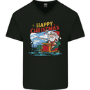 Santa Clause Fishing Funny Christmas Mens V-Neck Cotton T-Shirt Black