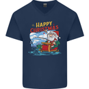 Santa Clause Fishing Funny Christmas Mens V-Neck Cotton T-Shirt Navy Blue