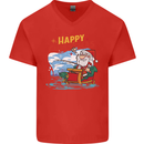 Santa Clause Fishing Funny Christmas Mens V-Neck Cotton T-Shirt Red