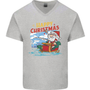 Santa Clause Fishing Funny Christmas Mens V-Neck Cotton T-Shirt Sports Grey