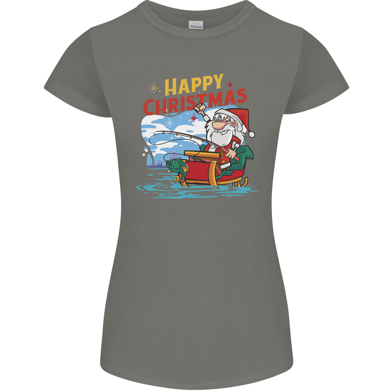 Santa Clause Fishing Funny Christmas Womens Petite Cut T-Shirt Charcoal
