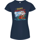 Santa Clause Fishing Funny Christmas Womens Petite Cut T-Shirt Navy Blue