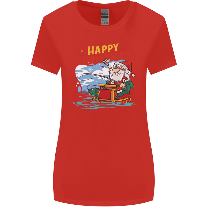 Santa Clause Fishing Funny Christmas Womens Wider Cut T-Shirt Red