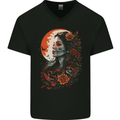 Santa Muerta & Moon Skulls Roses Mens V-Neck Cotton T-Shirt Black