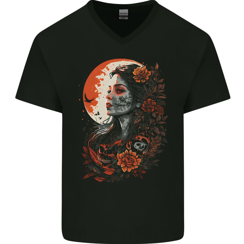 Santa Muerta & Moon Skulls Roses Mens V-Neck Cotton T-Shirt Black