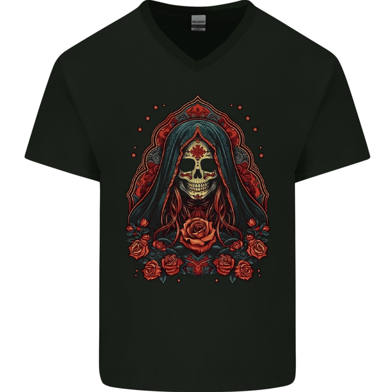 Santa Muerte Cult Female Deity Saint of Death Mens V-Neck Cotton T-Shirt Black