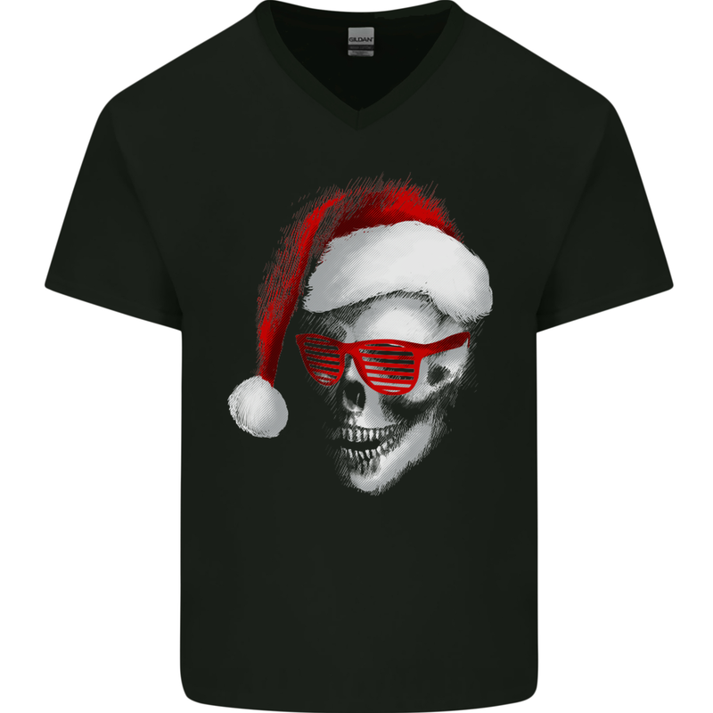 Santa Skull Wearing Shades Funny Christmas Mens V-Neck Cotton T-Shirt Black