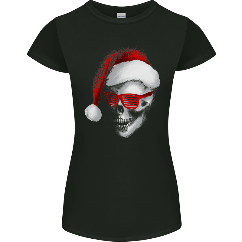 Santa Skull Wearing Shades Funny Christmas Womens Petite Cut T-Shirt Black