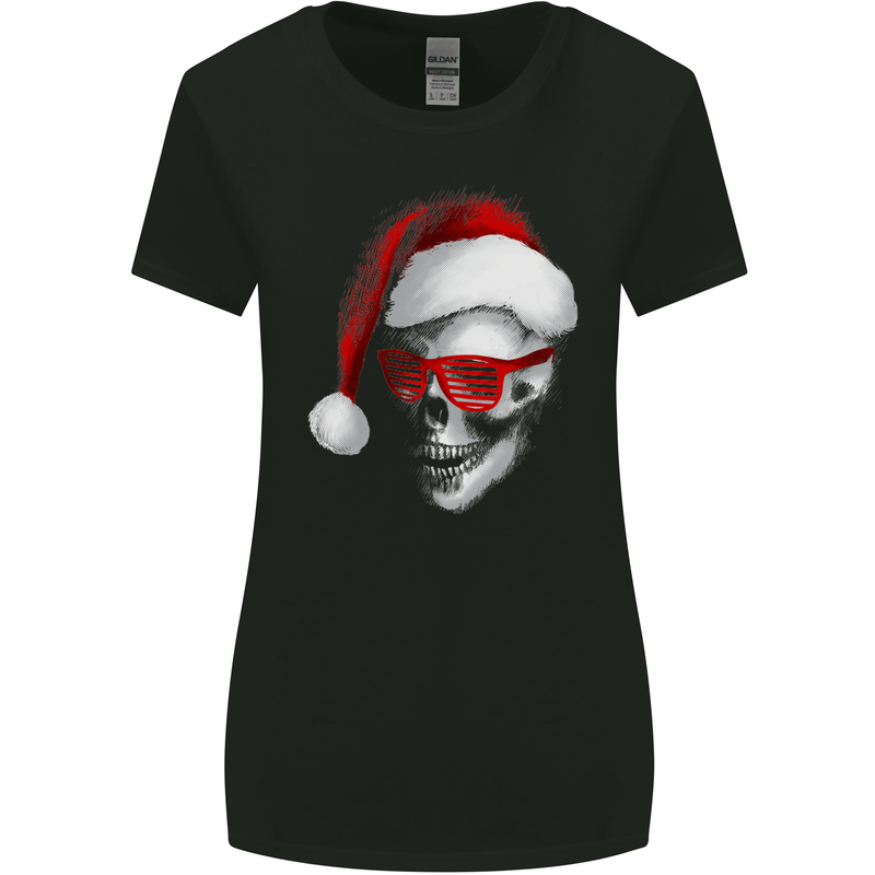 Santa Skull Wearing Shades Funny Christmas Womens Wider Cut T-Shirt Black