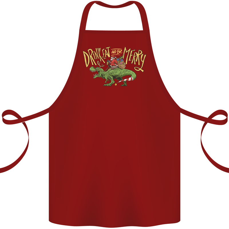 Santa T-Rex Drink Eat Merry Funny Christmas Cotton Apron 100% Organic Maroon
