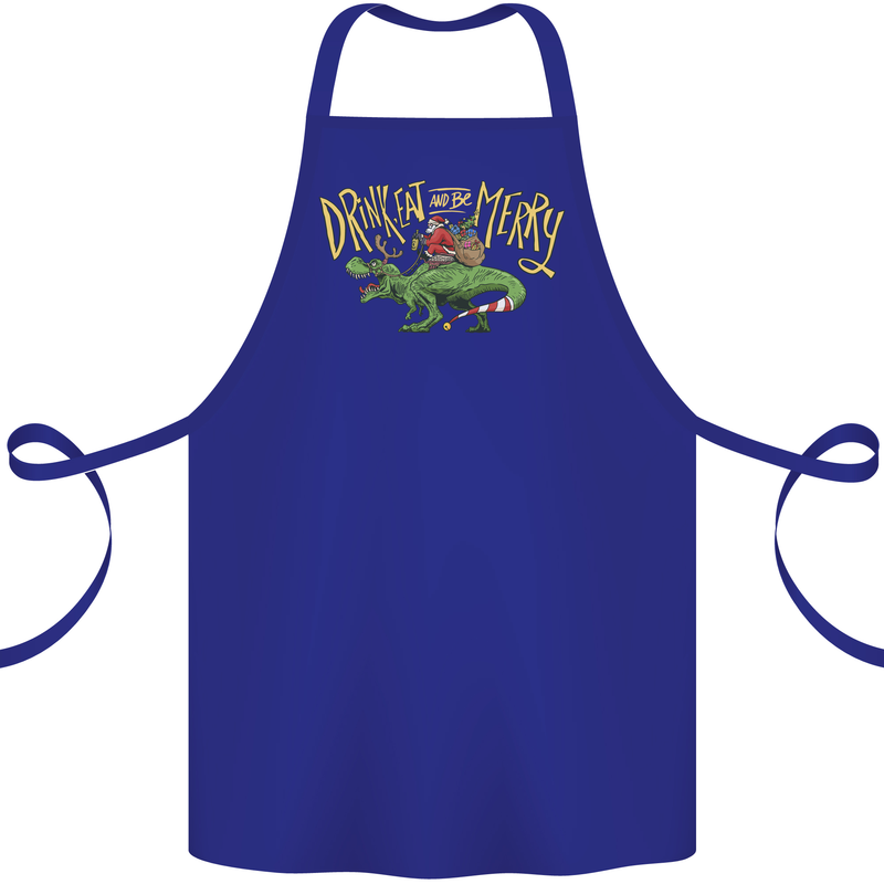 Santa T-Rex Drink Eat Merry Funny Christmas Cotton Apron 100% Organic Royal Blue