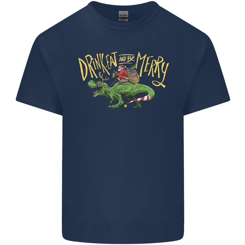 Santa T-Rex Drink Eat Merry Funny Christmas Kids T-Shirt Childrens Navy Blue